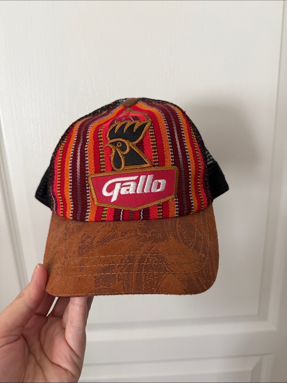 Embroidered Striped Trucker Cap in Red and Brown